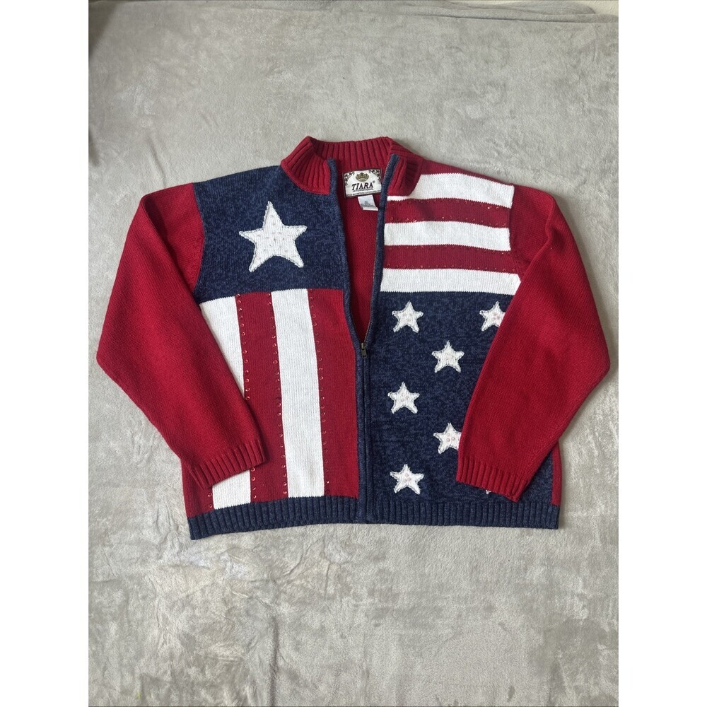 Tiara International XL Patriotic American Flag Sweater Zip Front Red White Blue